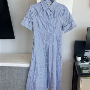 Club Monaco Blue and White Striped Midi Shirt Dress